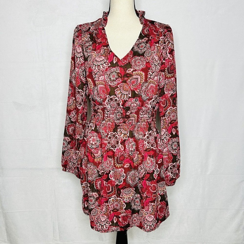 Rose + Olive Floral Print Metallic Boho Mini Shift Dress Smocked Waist Sz S
